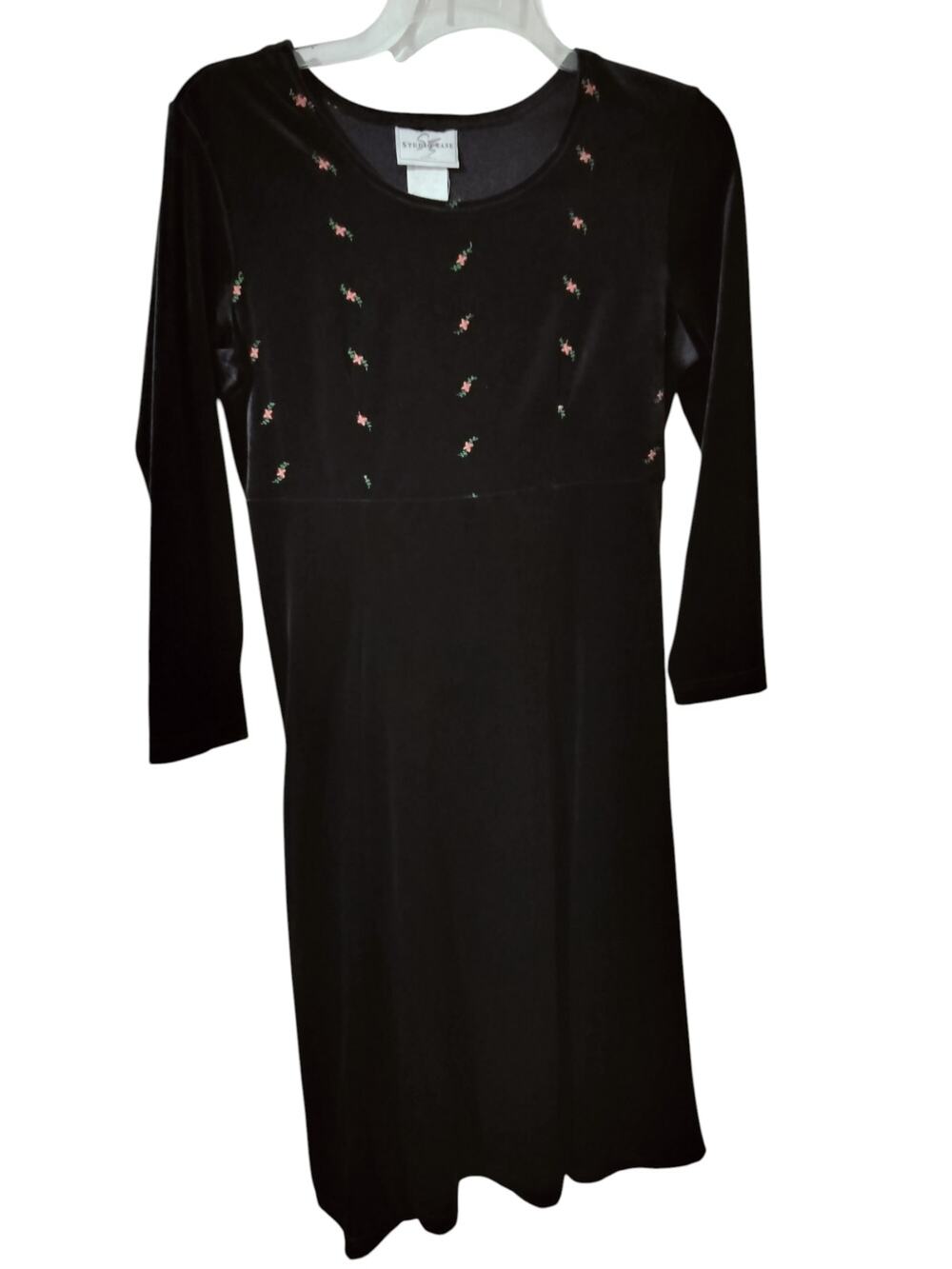 5842)Vtg 90s Studio Ease P/M Whimsygoth Dark Romantic Velvet Embroidery Dress